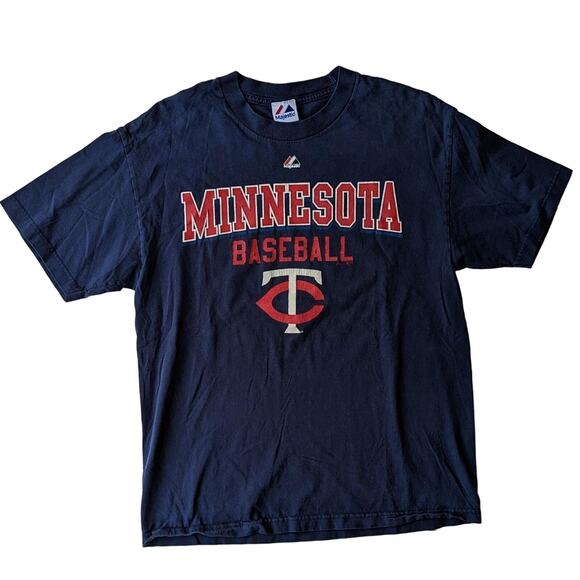 Vintage Minnesota Twins MLB Baseball Majestic Navy Blue Shirt Fits like Large - Picture 1 of 3